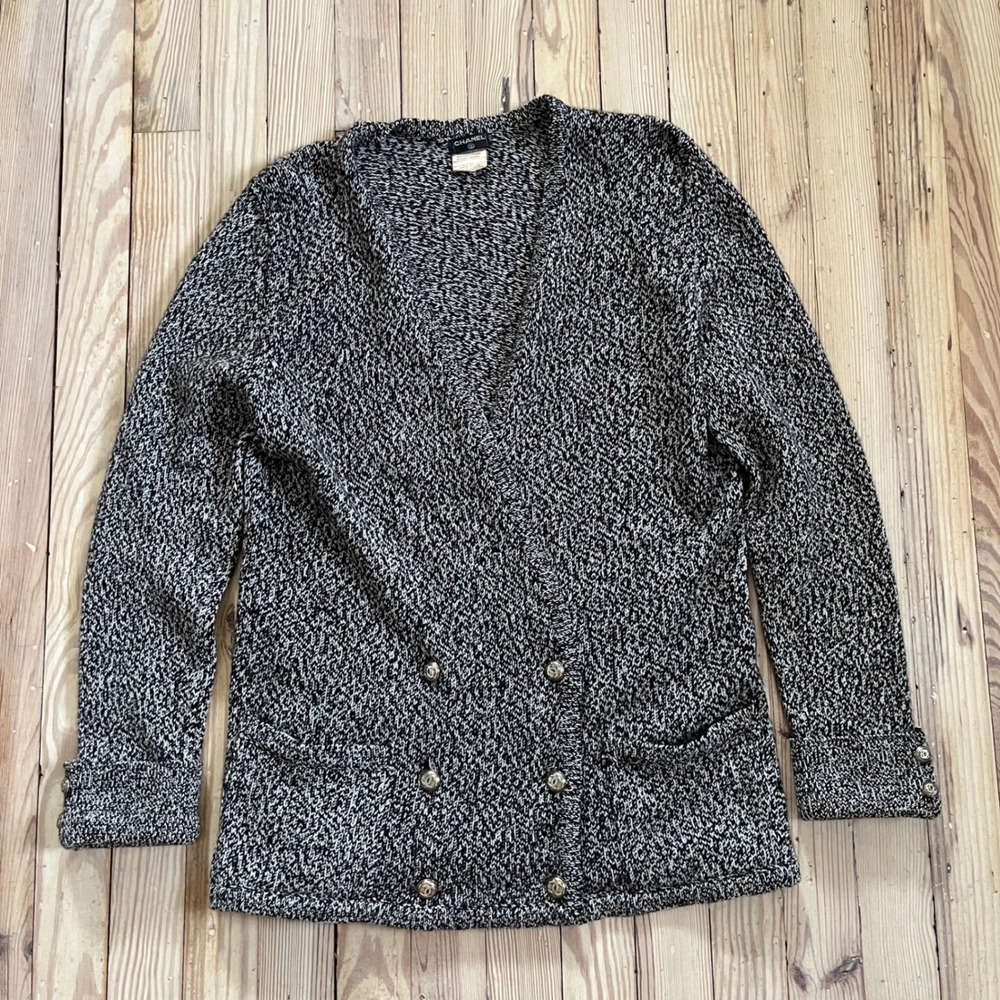 VTG Chanel Cardigan Womens Cashmere Brown White Marled CC Button Double Breasted